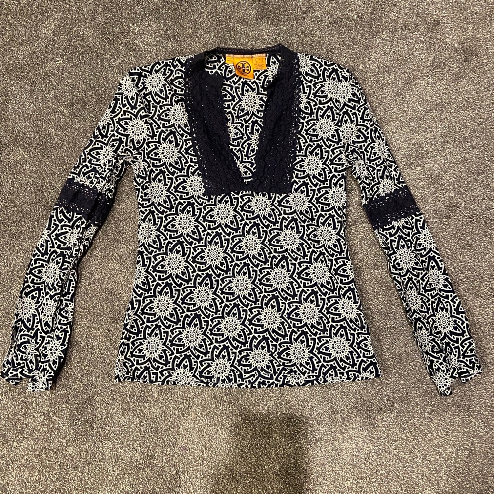 Tory Burch Navy and White Lace-Trim Long-Sleeve Women's Top Size 4 100% cotton